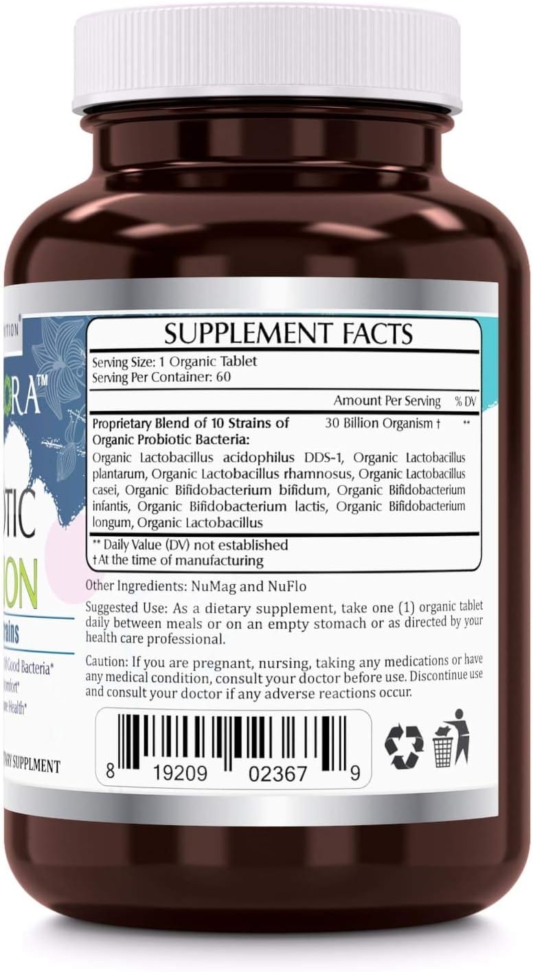 Supplement Facts label for Amazing Formulas Organic Probiotic 30 Billion, listing 10 probiotic strains and 30 billion CFU per tablet