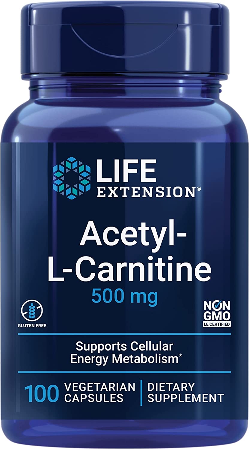 Life Extension Acetyl-L-Carnitine 500 mg bottle front label, 100 vegetarian capsules, gluten free and Non-GMO