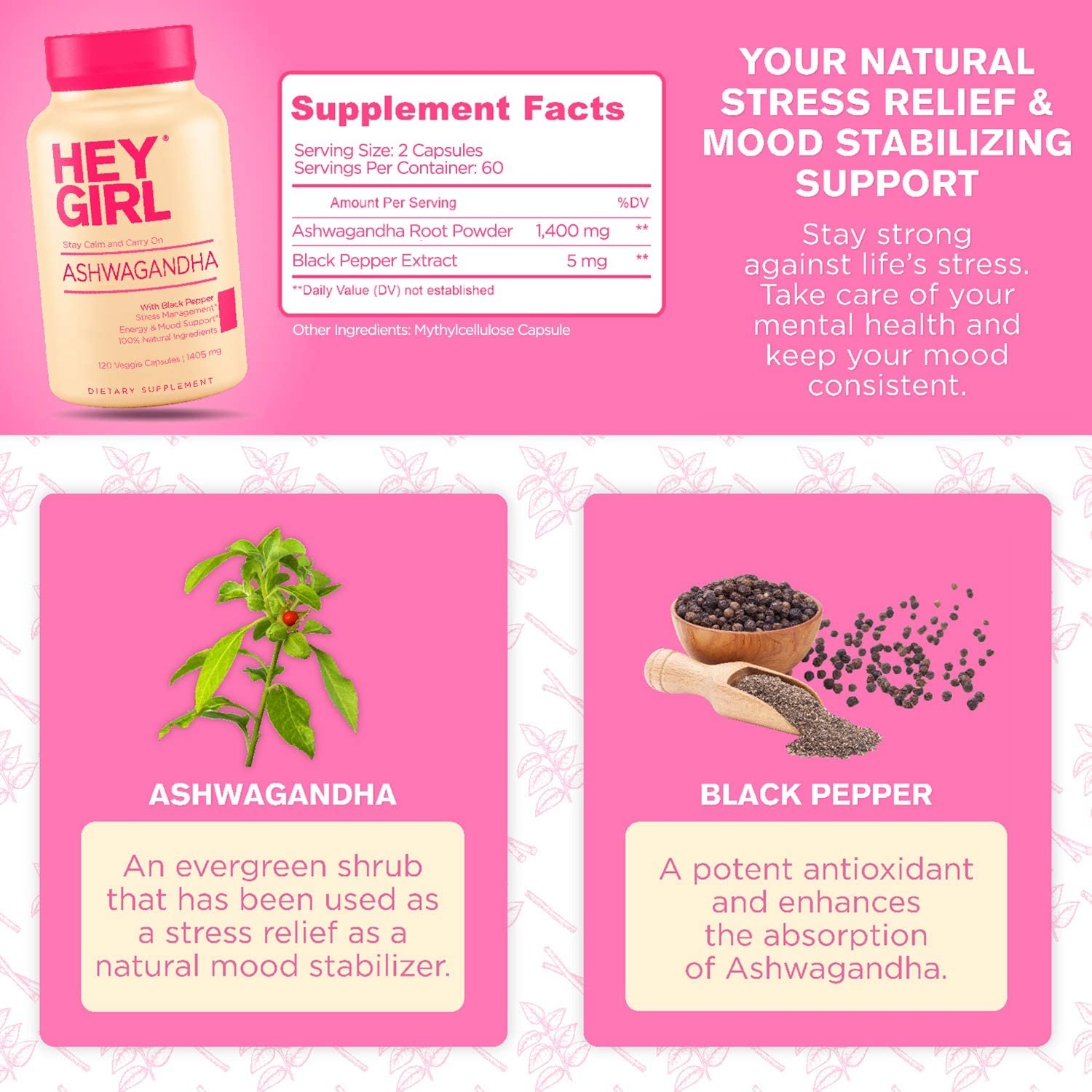 Ashwagandha supplement facts panel showing organic root powder and black pepper extract