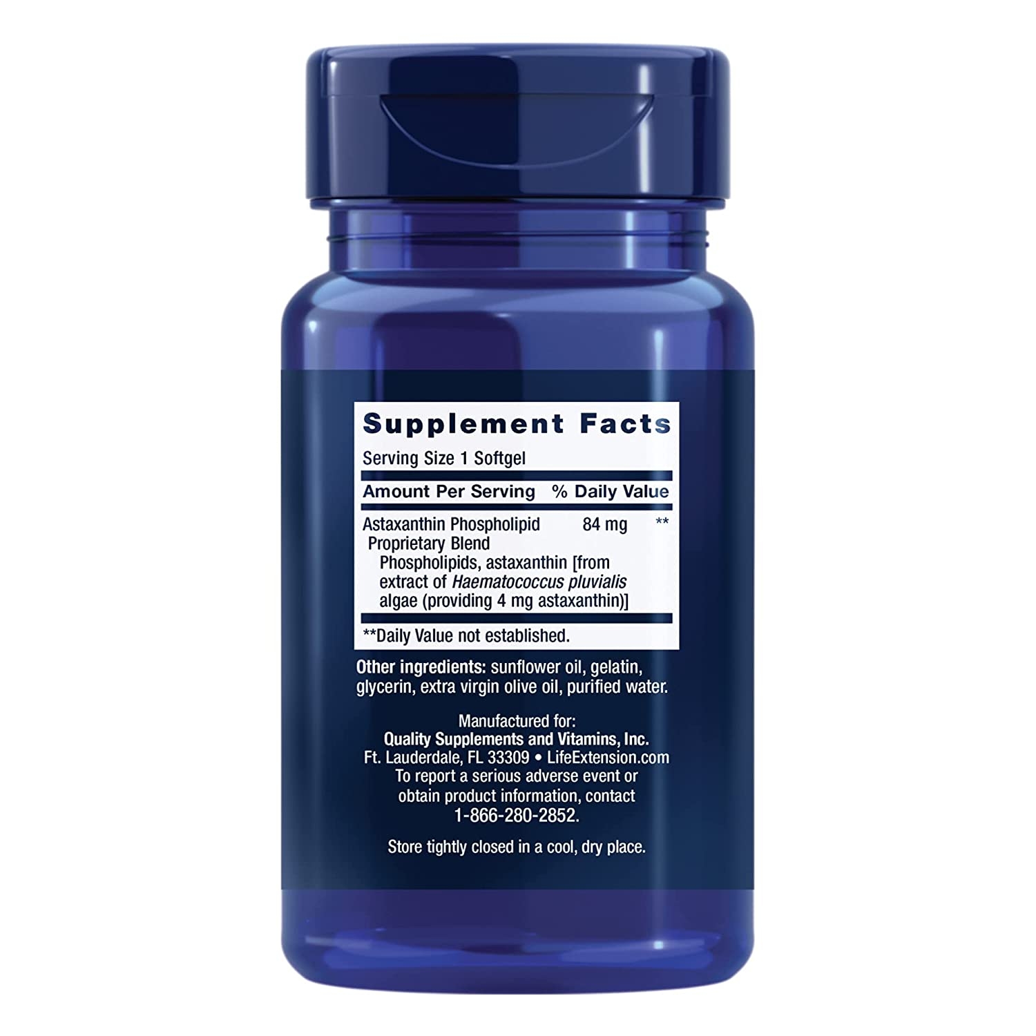 Supplement Facts panel on a bottle of Life Extension Astaxanthin 4 mg with Phospholipids, showing an 84 mg blend providing 4 mg astaxanthin