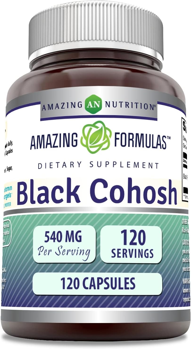 Amazing Formulas Black Cohosh 540 mg dietary supplement bottle, 120 capsules, front label