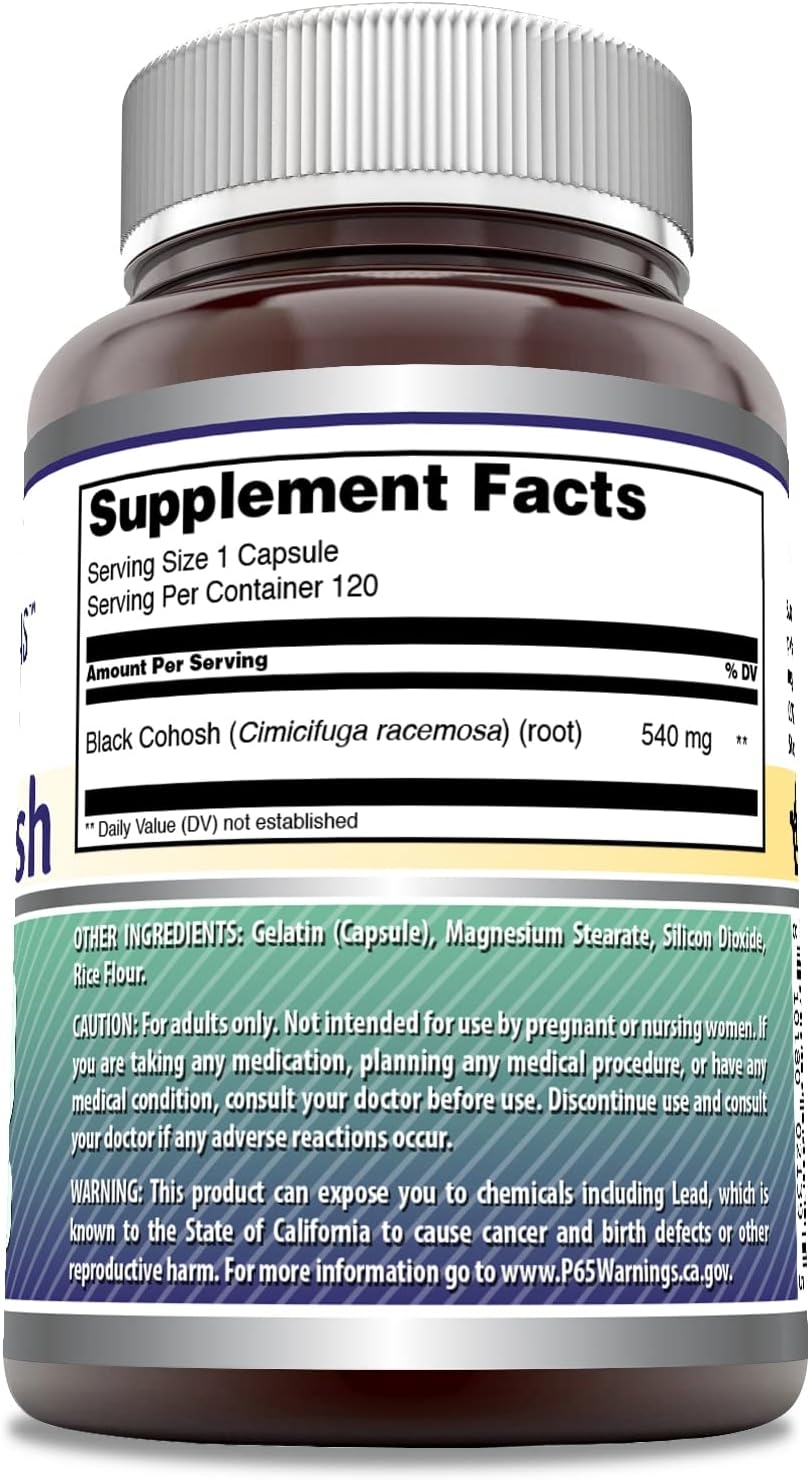 Supplement Facts panel on Amazing Formulas Black Cohosh: serving size 1 capsule, 120 servings per container, black cohosh root 540 mg, caution for adults only and not for pregnant or nursing women