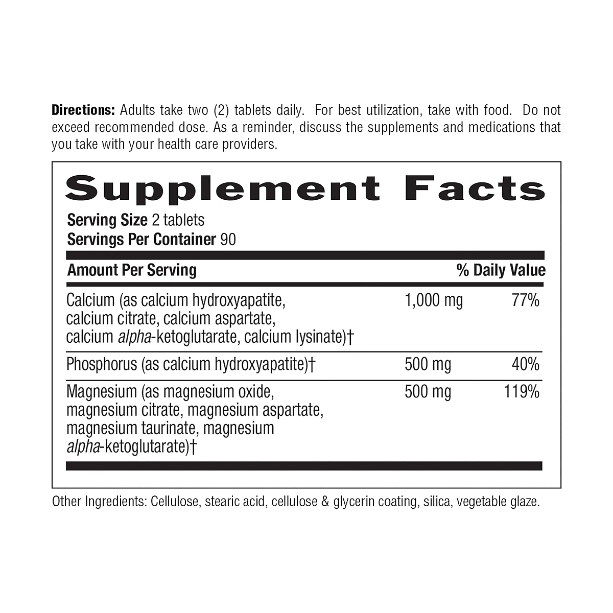 Country Life Target-Mins Calcium Magnesium Complex Supplement Facts panel showing 1,000 mg calcium, 500 mg phosphorus, and 500 mg magnesium per two-tablet serving, 90 servings per container