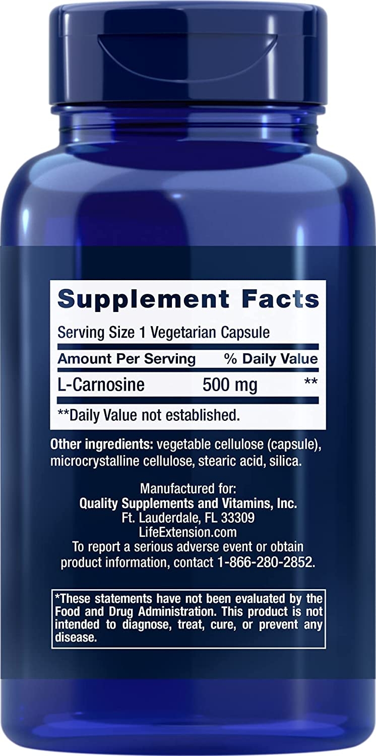 Supplement Facts panel on Life Extension Carnosine 500 mg: serving size 1 vegetarian capsule, L-carnosine 500 mg, other ingredients vegetable cellulose, microcrystalline cellulose, stearic acid, silica
