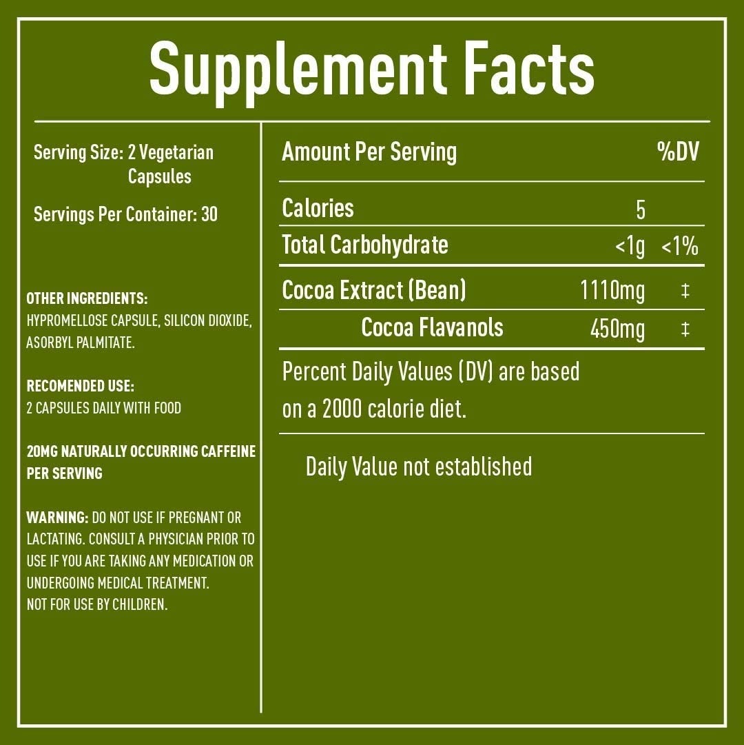 Supplement Facts panel on CocoaVia cocoa extract capsules: serving size 2 vegetarian capsules, 30 servings, cocoa extract 1110 mg, cocoa flavanols 450 mg, 20 mg caffeine per serving