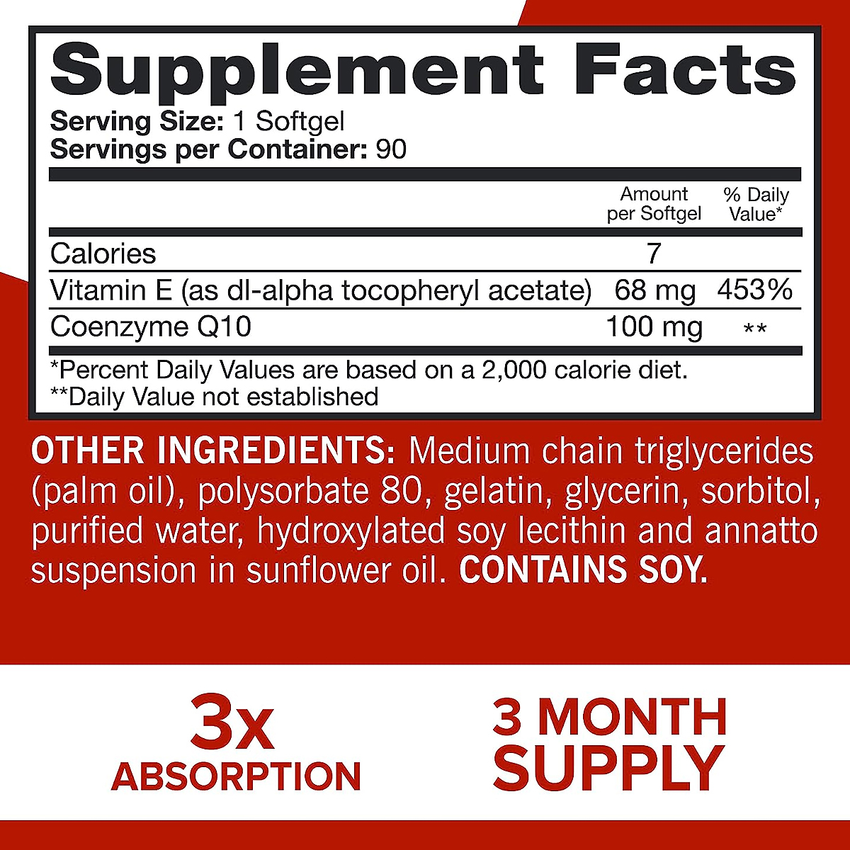 Qunol Ultra CoQ10 Supplement Facts label showing 100 mg Coenzyme Q10 and 68 mg vitamin E per softgel, Daily Value not established for CoQ10