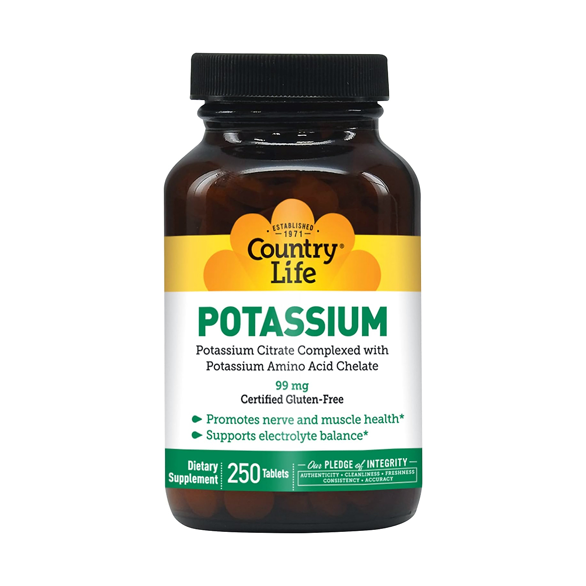 Country Life Potassium 99 mg supplement bottle, 250 tablets