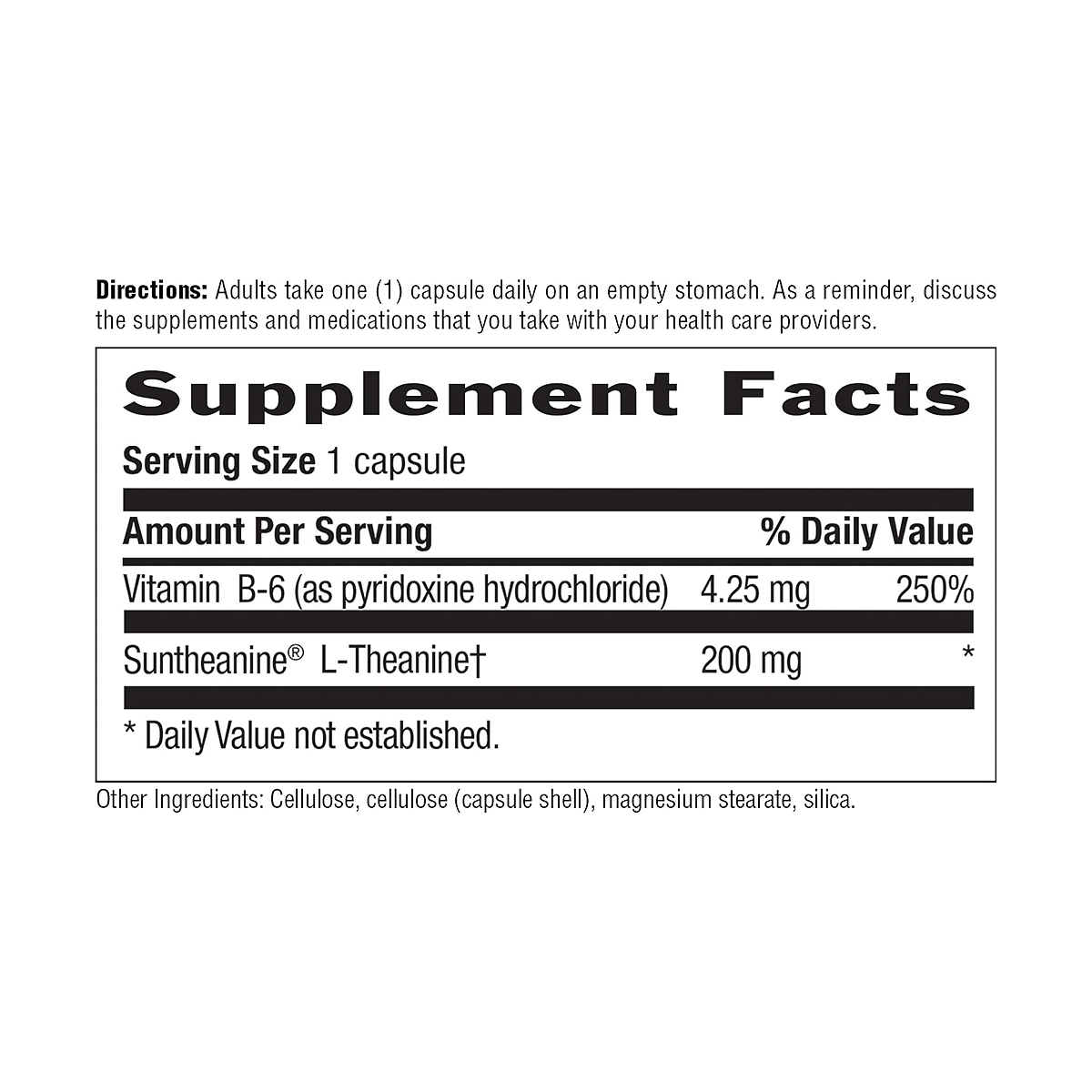 Country Life L-Theanine Supplement Facts label showing 200mg Suntheanine and 4.25mg Vitamin B6