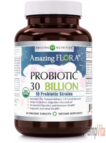Amazing Flora USDA Certified 60 Tablets Organic Probiotic 30 Billion