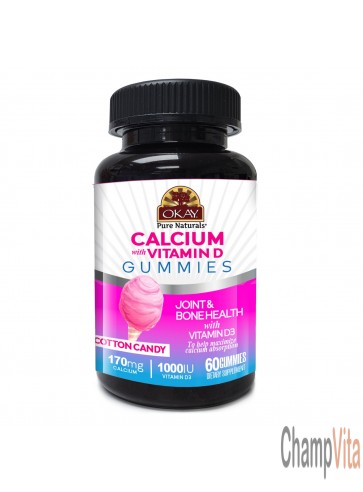 OKAY Gummies Calcium Vitamin D 60 Cnt Cotton Candy Flavor Joint Health bottle
