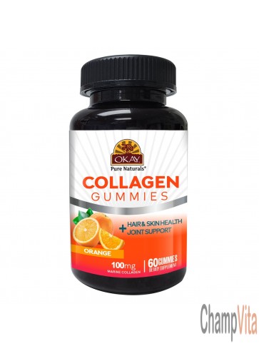 OKAY Gummies Collagen 100mg 60 Count Orange Flavor Hair Skin Support bottle