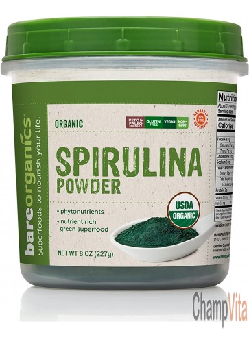 Spirulina Powder 8 Oz Nutrient Rich Green Superfood BareOrganics front