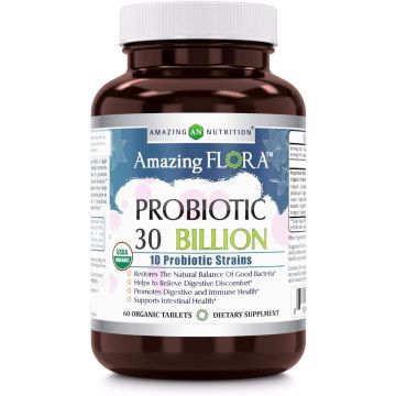 Amazing Flora USDA Certified 60 Tablets Organic Probiotic 30 Billion