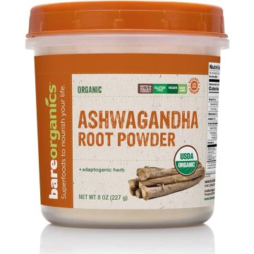 BareOrganics Vegan Ashwagandha Root Powder Adaptogenic Herb 8 Oz