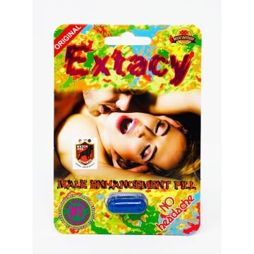 Extacy Original male enhancement back packaging displaying Supplement Facts, herbal ingredients, dosage instructions, warnings, and UPC barcode