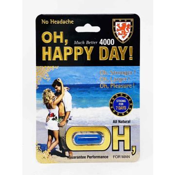 Oh Happy Day 4000 male enhancement capsule back label showing Supplement Facts, herbal ingredients, directions, and UPC barcode
