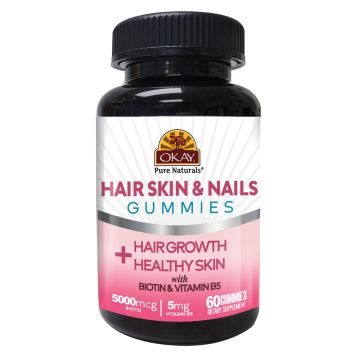 OKAY Gummies Hair Skin Nails 60 Count Cream Soda Flavor Vitamin B5 bottle