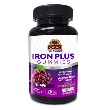 OKAY Gummies Iron Plus 90 Count Grape Flavor Vitamin C B3 bottle