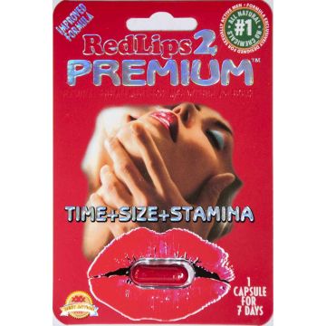 RedLips 2 Premium male sexual enhancement single red capsule in blister packaging with improved formula branding
