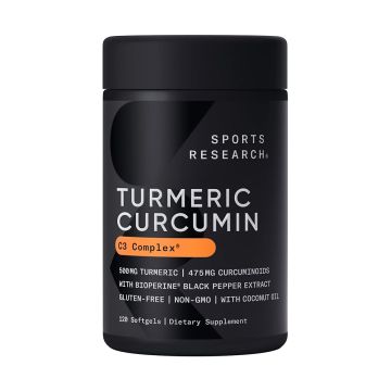 Bottle of turmeric curcumin softgels