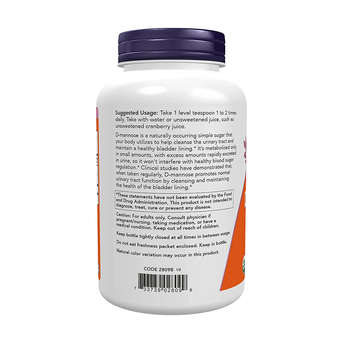 Back label of NOW Certified Organic D-Mannose Pure Powder showing suggested usage of 1 level teaspoon 1 to 2 times daily, the manufacturer's clinical-studies statement and the adult-only caution