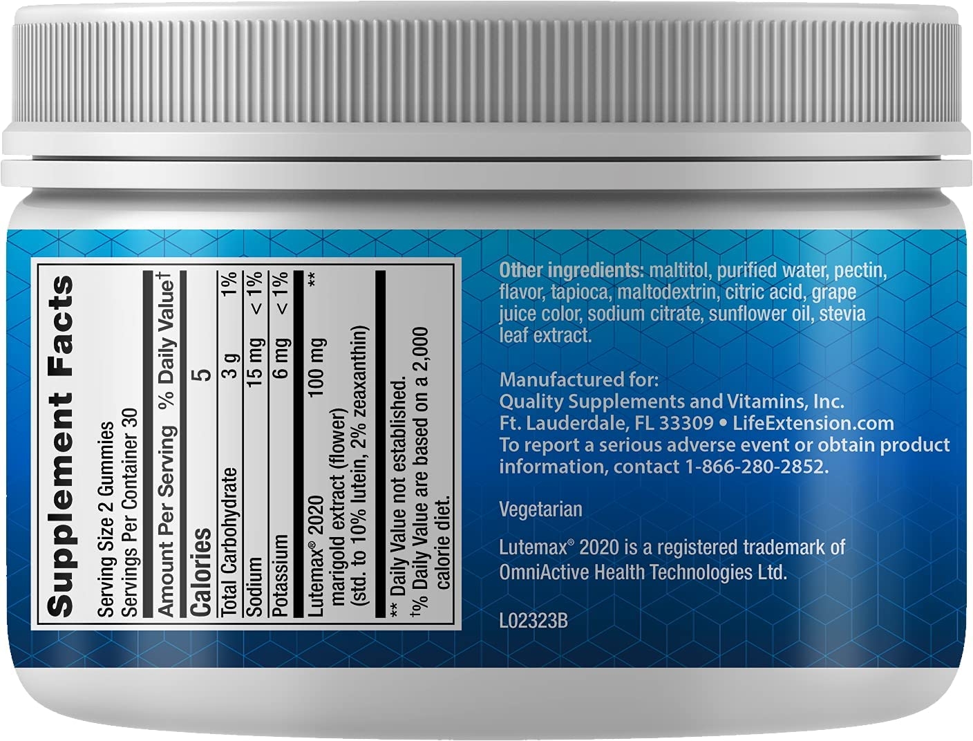 Supplement Facts panel for Life Extension Digital Eye Support showing Lutemax 2020 marigold extract 100mg standardized to 10% lutein, 2% zeaxanthin per two-gummy serving