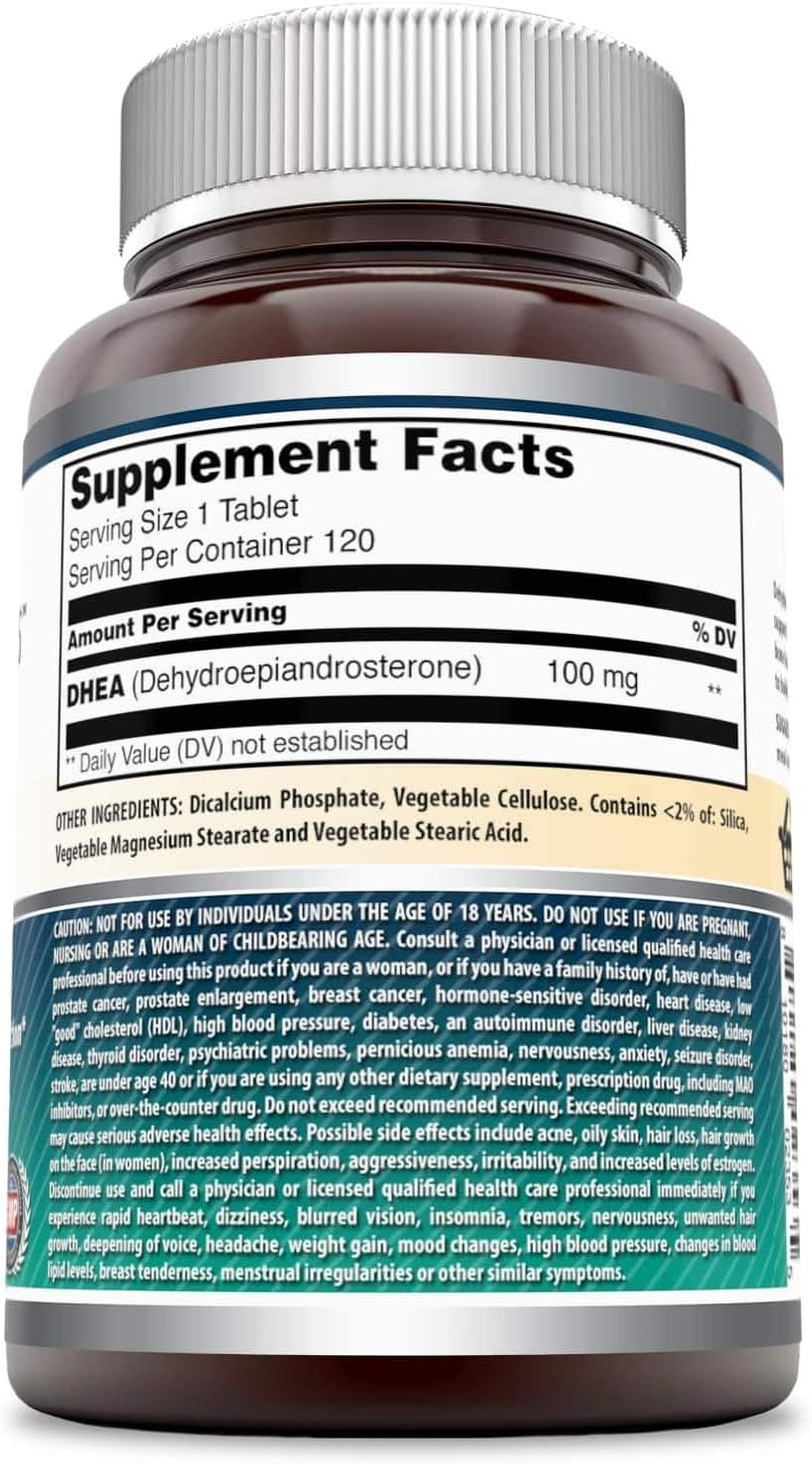Supplement Facts panel and caution text on Amazing Formulas DHEA 100 mg: serving size 1 tablet, 120 servings per container, DHEA 100 mg