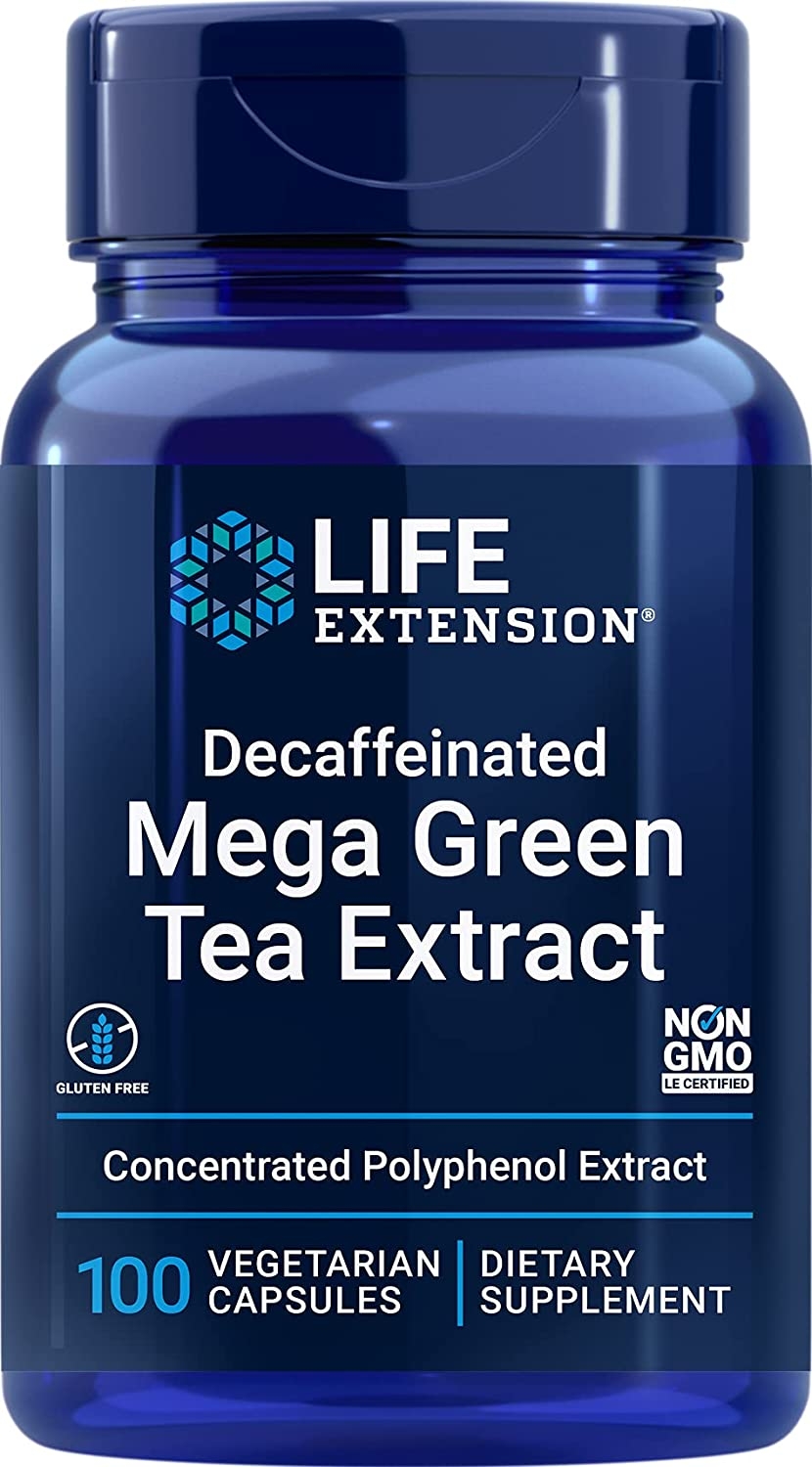 Life Extension Mega Green Tea Extract Decaffeinated 725 mg bottle, 100 vegetarian capsules