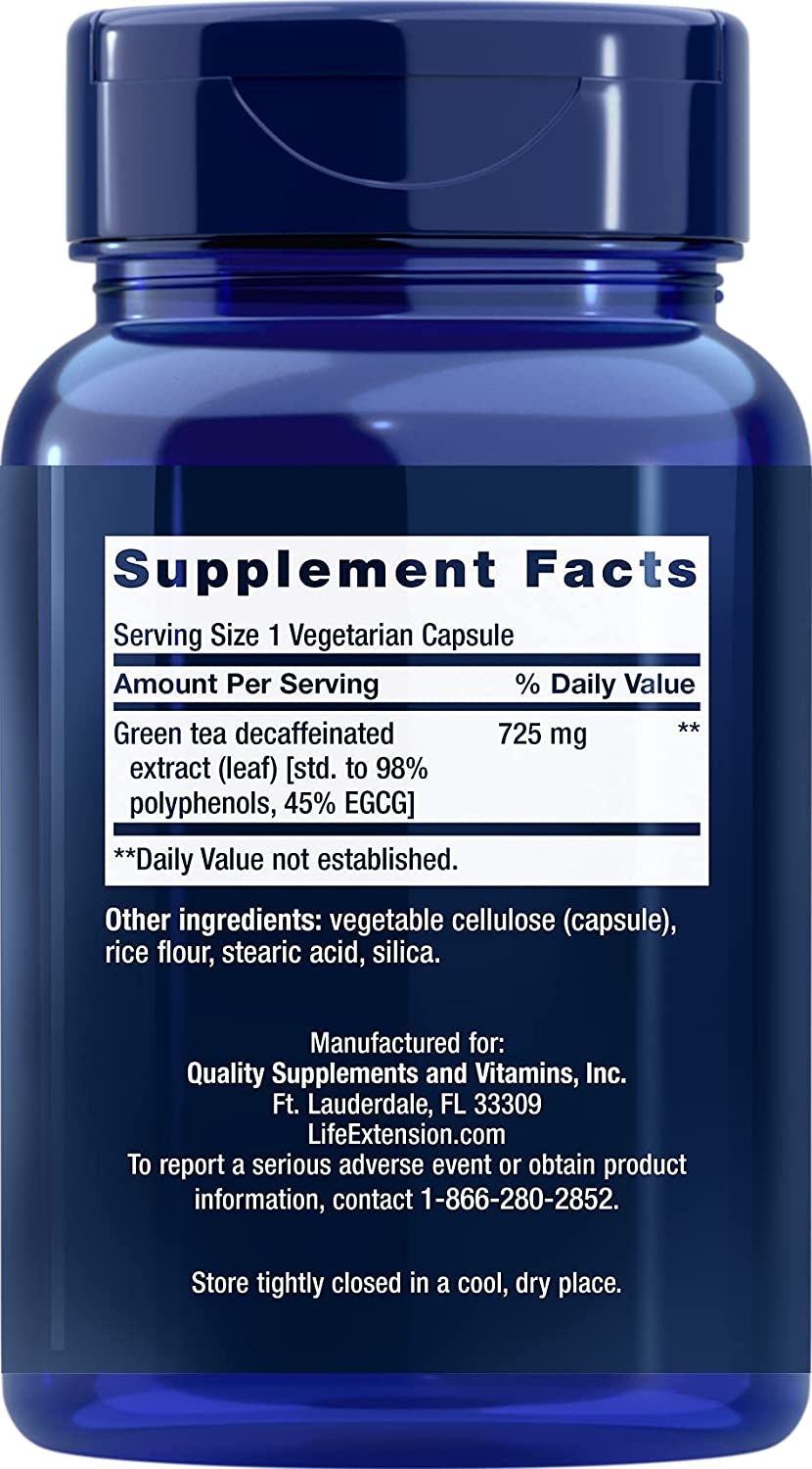 Supplement Facts panel on Life Extension Mega Green Tea Extract Decaffeinated: serving size 1 vegetarian capsule, green tea decaffeinated extract leaf 725 mg standardized to 98% polyphenols and 45% EGCG