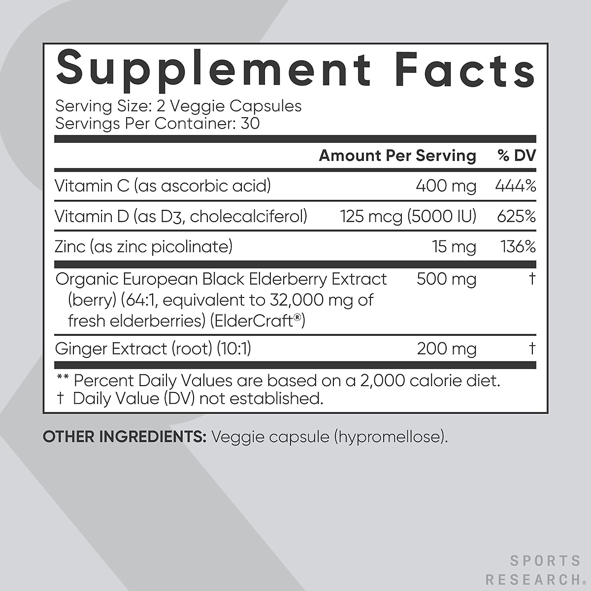 Supplement Facts panel for Sports Research Elderberry Zinc and Vitamin C 5-in-1, listing a two-capsule serving size
