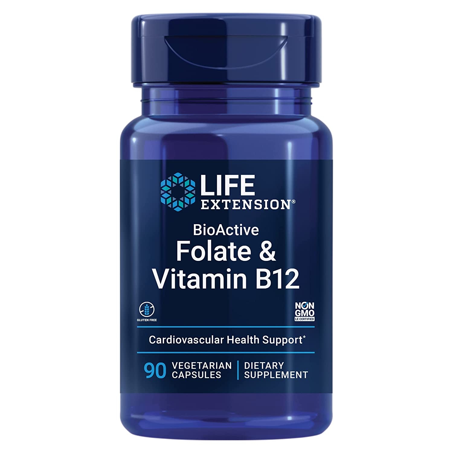 Life Extension BioActive Folate and Vitamin B12 bottle, 90 vegetarian capsules, front label