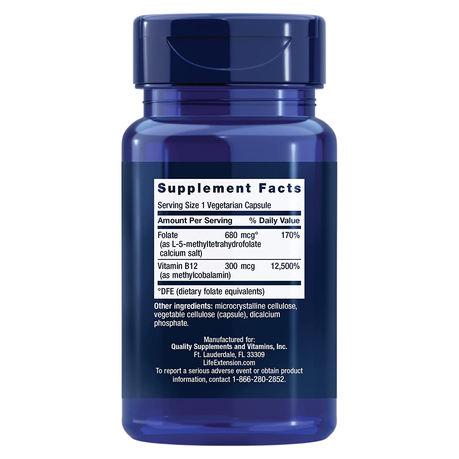 Supplement Facts panel on Life Extension BioActive Folate and Vitamin B12: serving size 1 vegetarian capsule, folate 680 mcg DFE as L-5-methyltetrahydrofolate calcium salt, vitamin B12 300 mcg as methylcobalamin