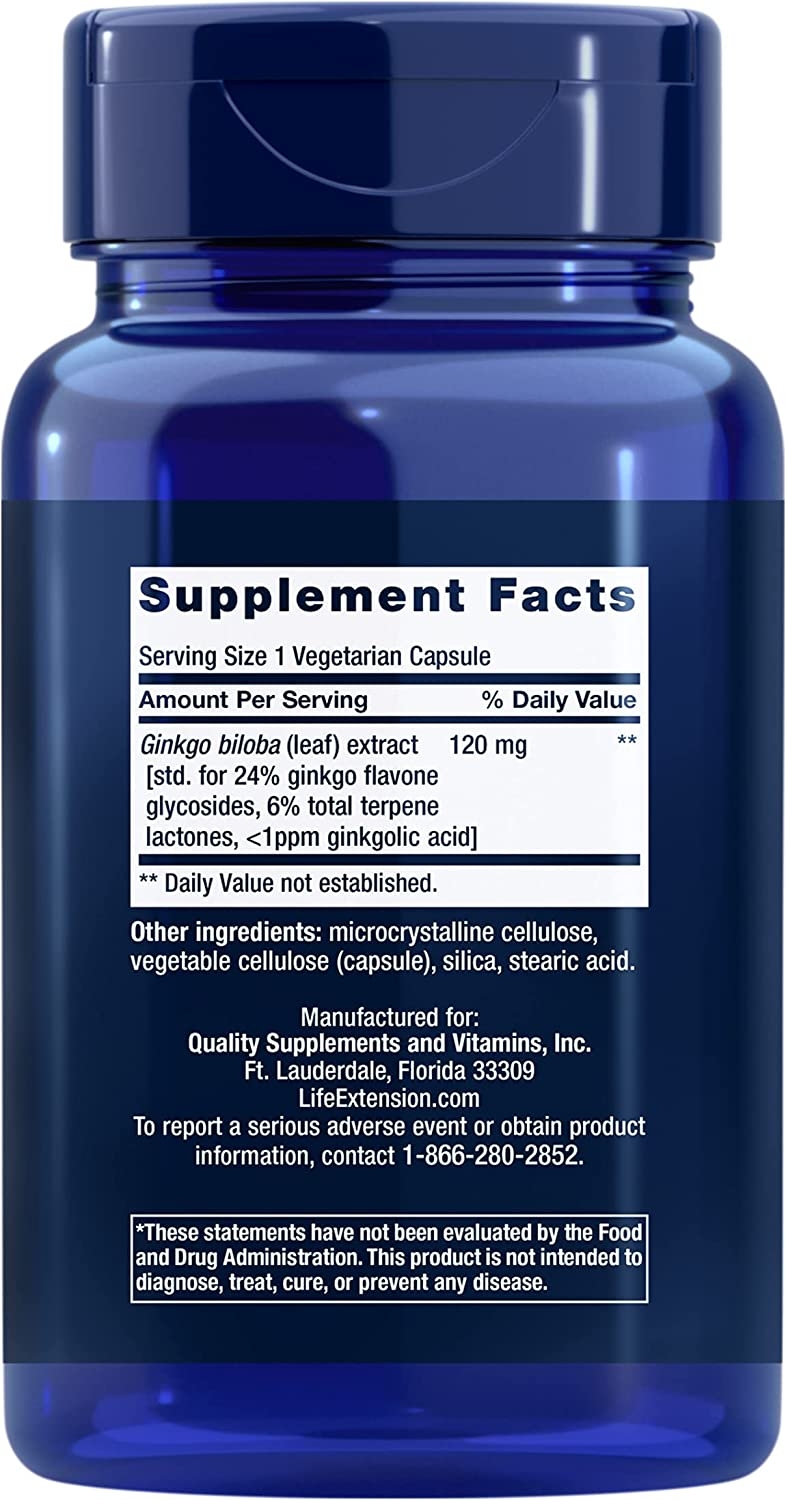 Supplement Facts panel for Life Extension Ginkgo Biloba Certified Extract, showing 120 mg ginkgo biloba leaf extract standardized to 24% flavone glycosides and 6% terpene lactones per capsule
