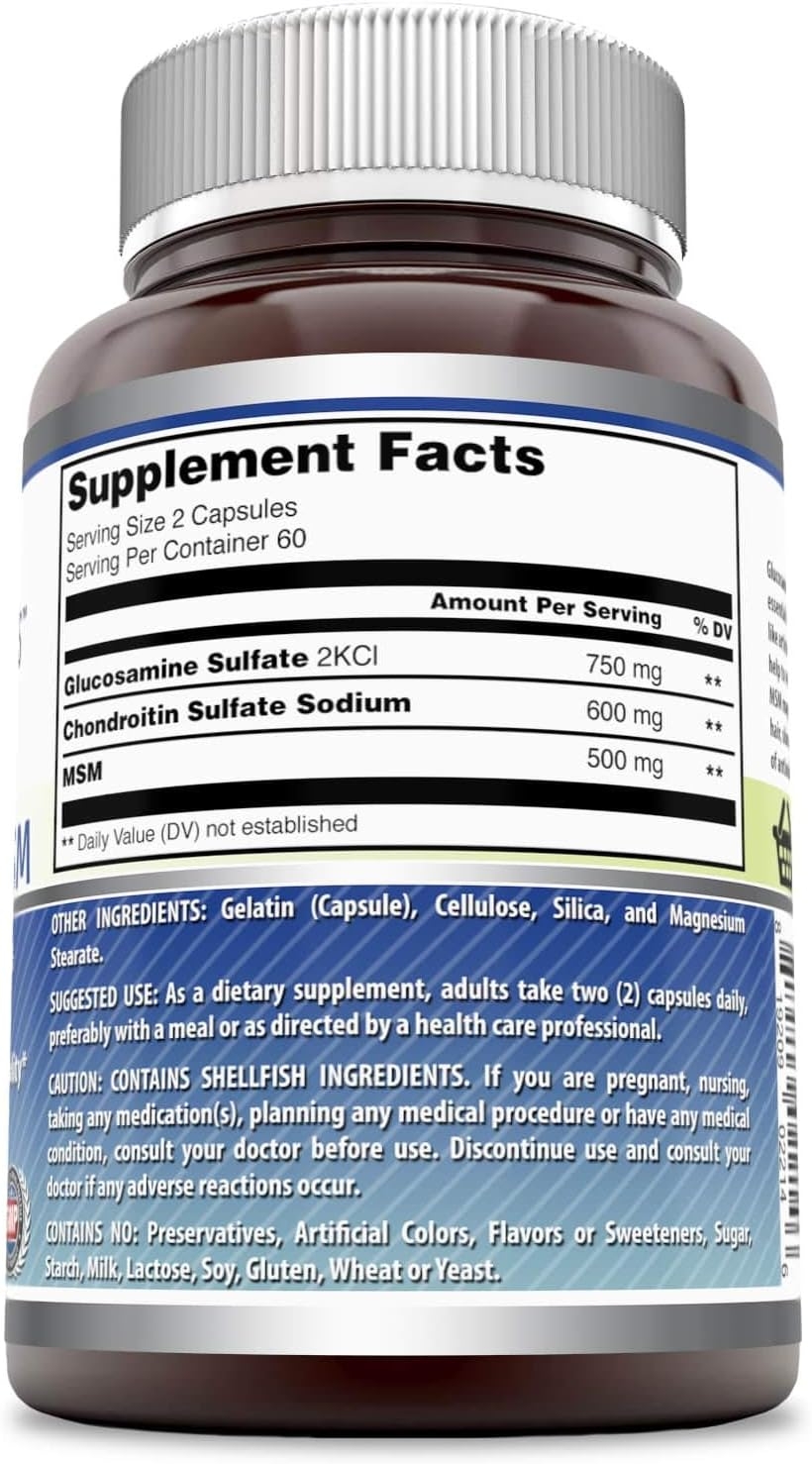 Amazing Formulas Glucosamine Chondroitin MSM Supplement Facts label showing 750 mg glucosamine sulfate, 600 mg chondroitin sulfate, and 500 mg MSM per 2-capsule serving