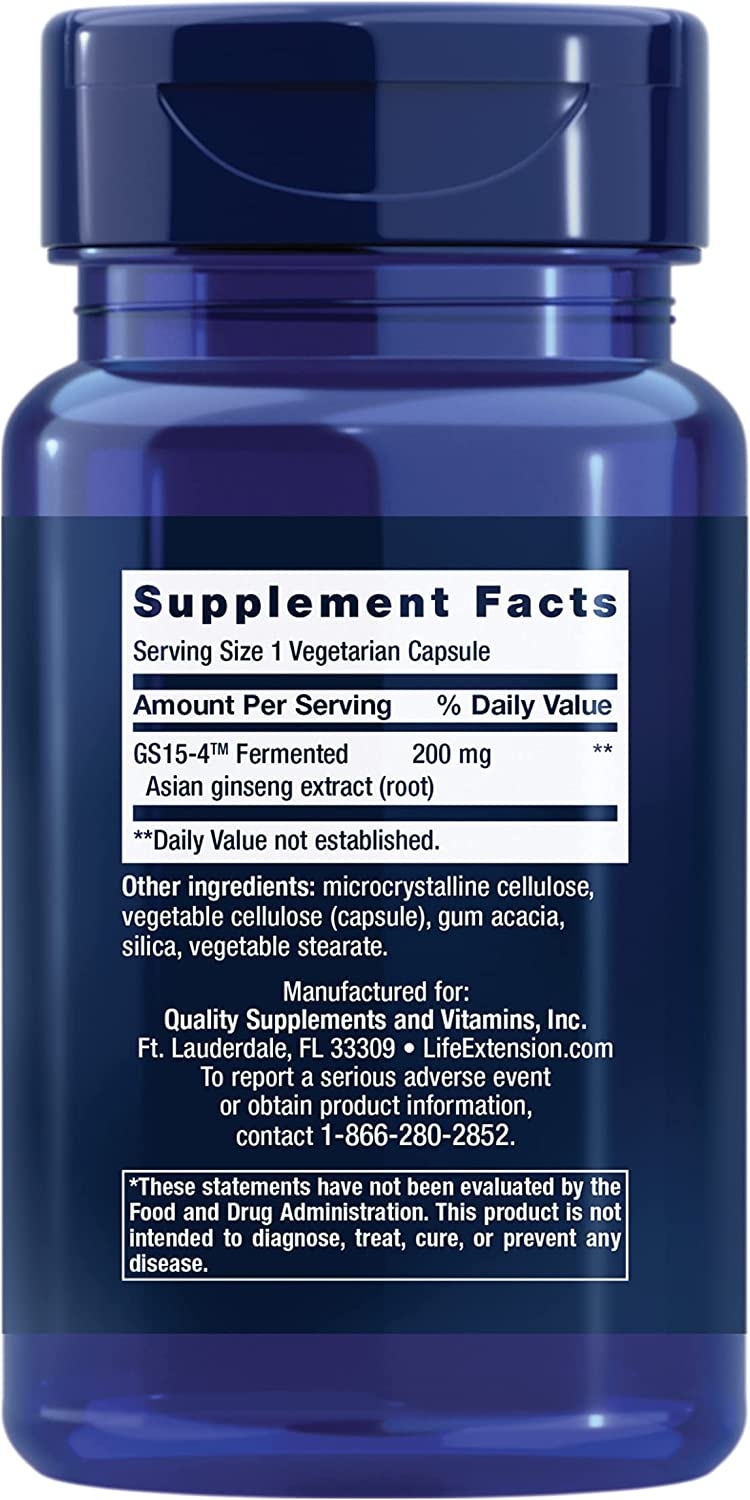 Supplement Facts panel on Life Extension Ginseng Energy Boost: serving size 1 vegetarian capsule, GS15-4 fermented Asian ginseng extract root 200 mg