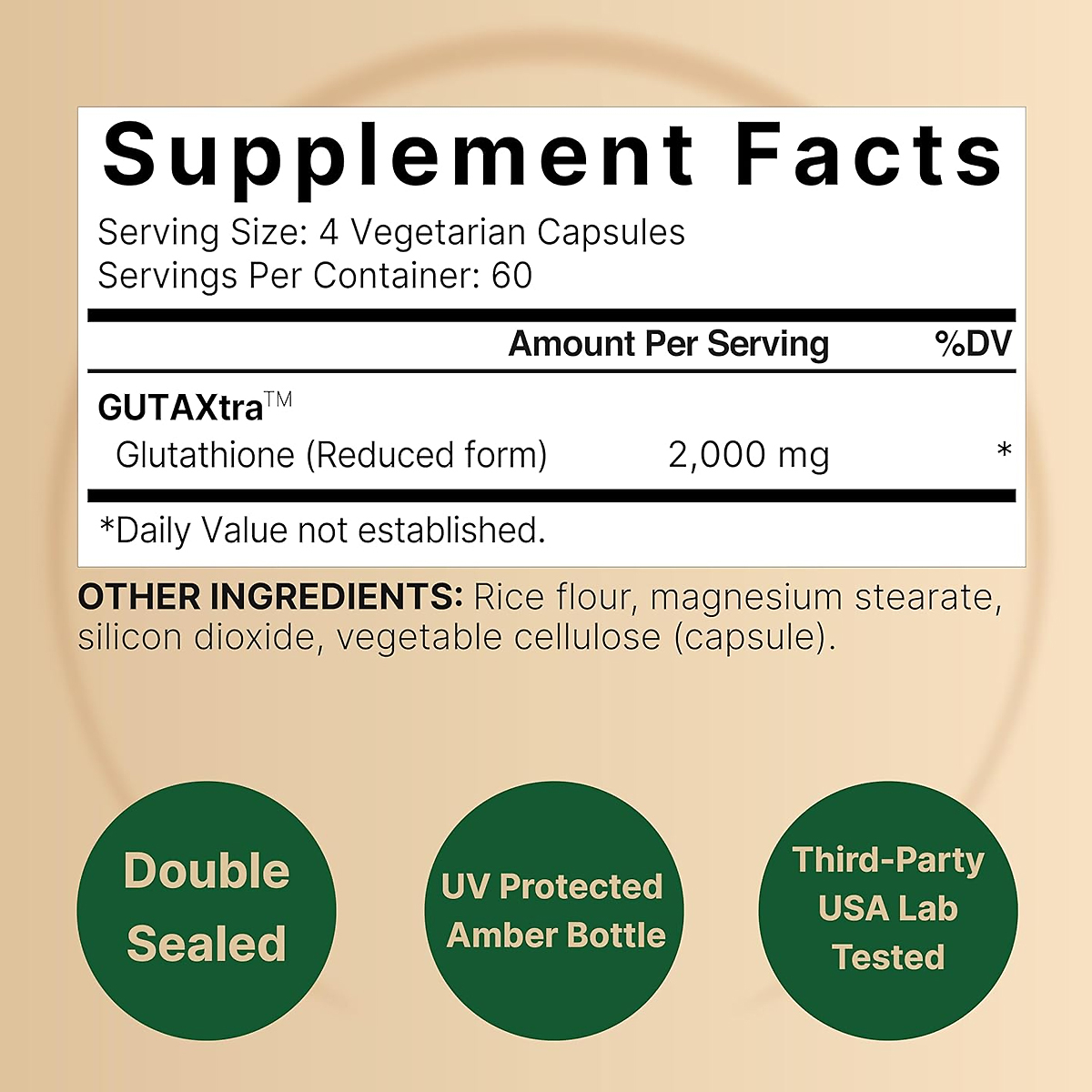 Supplement Facts panel on NatureBell Glutathione: serving size 4 vegetarian capsules, 60 servings per container, GUTAXtra glutathione reduced form 2,000 mg