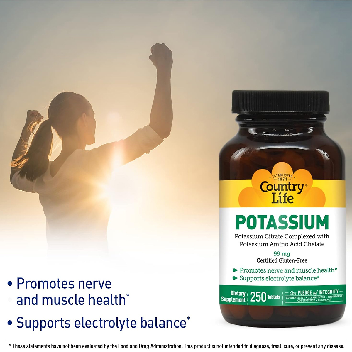 Country Life Potassium 99 mg tablet bottle label showing gluten-free, vegan and kosher certifications and the 99 mg per-tablet dose