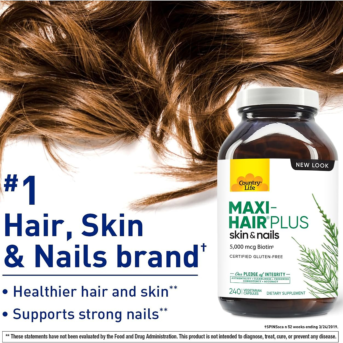 Country Life Maxi Hair Plus biotin supplement bottle labeled 5,000 mcg biotin, 240 vegetarian capsules
