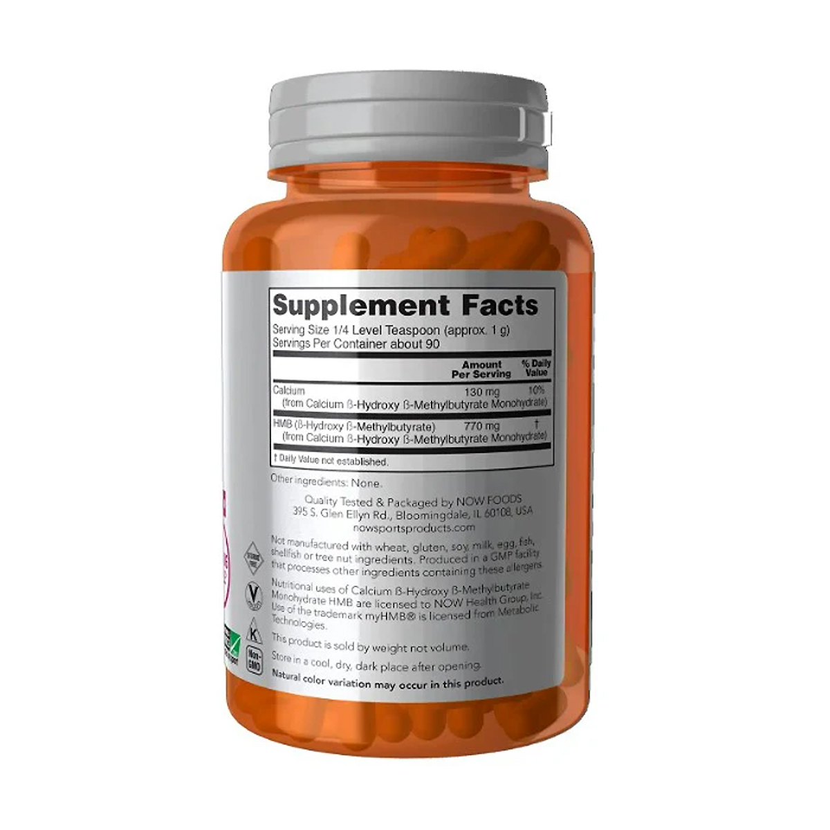 Supplement Facts panel on NOW Sports HMB Powder: serving size one-quarter level teaspoon, about 90 servings, calcium 130 mg, HMB 770 mg from calcium HMB monohydrate