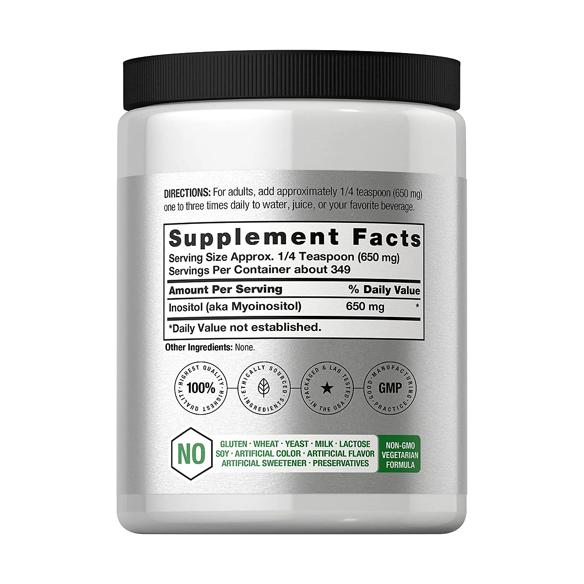 Supplement Facts panel on a jar of Horbaach Inositol Powder showing 650 mg of inositol per quarter teaspoon and directions to take it one to three times daily