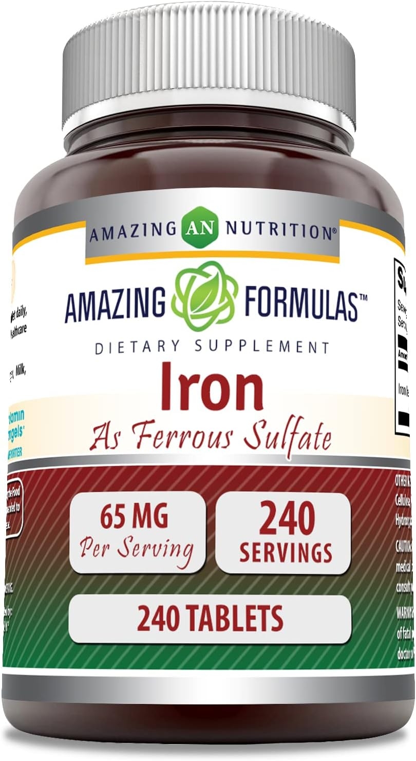 Amazing Formulas Iron as Ferrous Sulfate 65 mg, 240-tablet bottle, front label