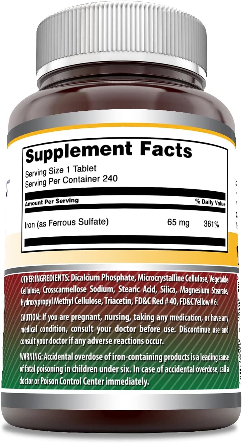 Amazing Formulas Iron Supplement Facts panel showing 65 mg per serving, 361 percent daily value, and the FDA-mandated overdose warning
