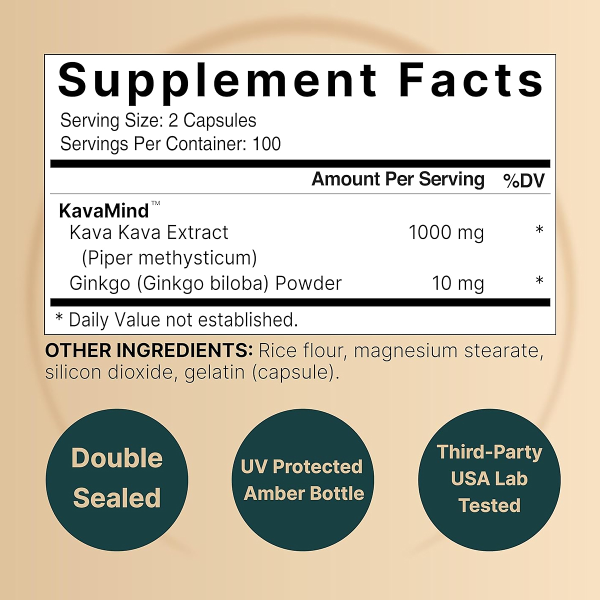 Supplement Facts panel of NatureBell Kava Kava with Ginkgo showing 1000 mg kava kava extract and 10 mg ginkgo powder per 2 capsules, 100 servings, gelatin capsule