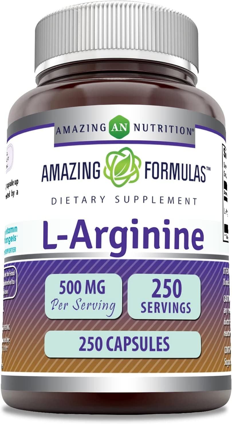 Amazing Formulas L-Arginine 500 mg dietary supplement, 250 capsules, front of bottle