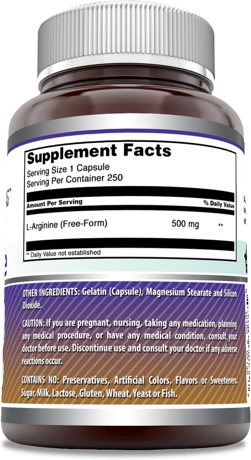 Supplement Facts panel on a bottle of Amazing Formulas L-Arginine showing L-Arginine (Free-Form) 500 mg per capsule, 250 servings per container
