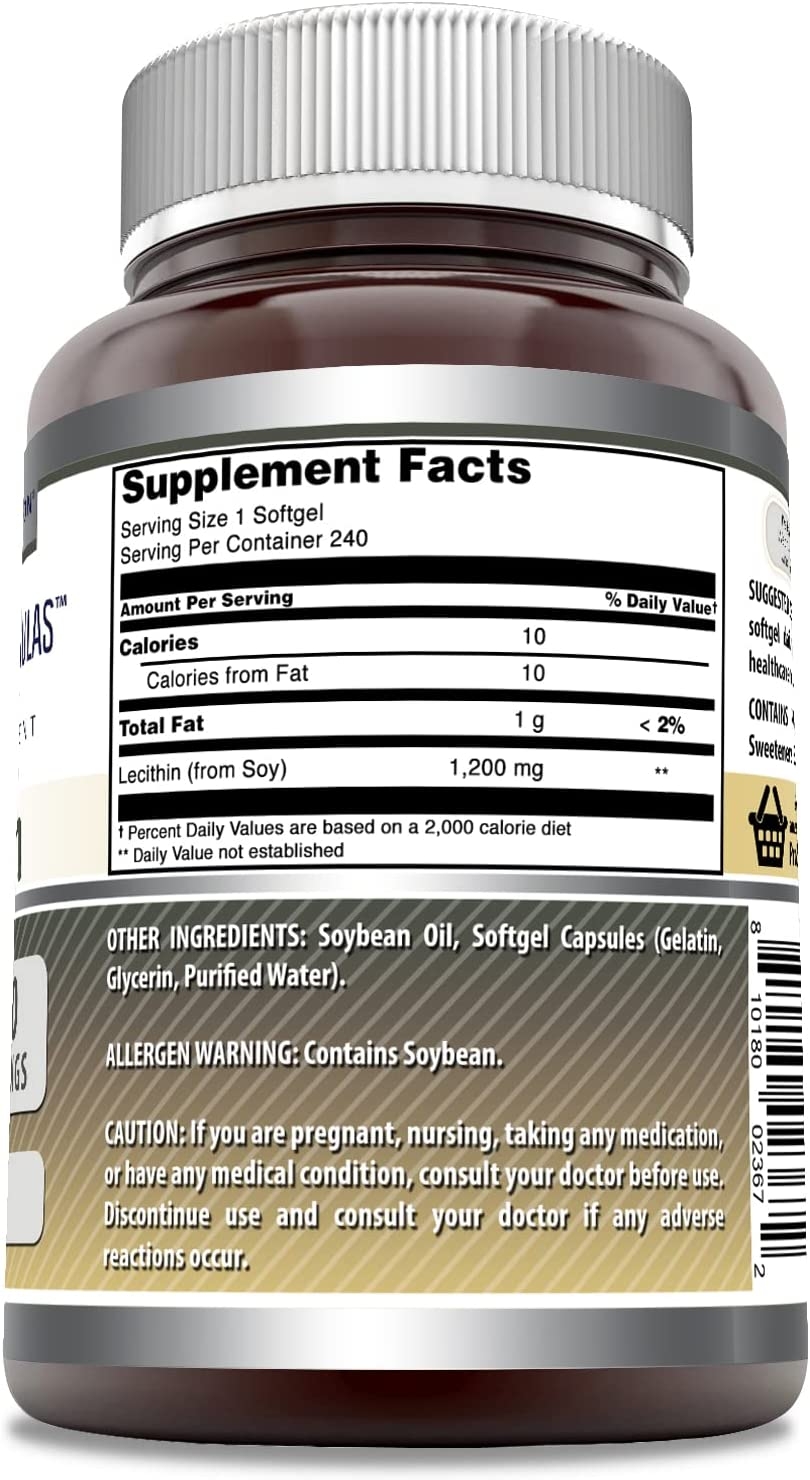 Supplement Facts panel for Amazing Formulas Lecithin 1200 mg, listing Lecithin (from Soy) 1,200 mg per softgel and 240 servings per container