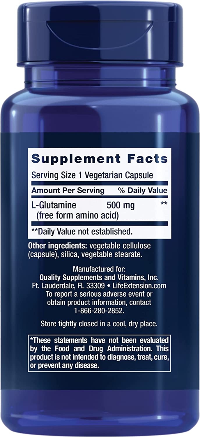 Supplement Facts panel of Life Extension L-Glutamine showing one vegetarian capsule with 500 mg L-glutamine free form amino acid and other ingredients vegetable cellulose, silica and vegetable stearate