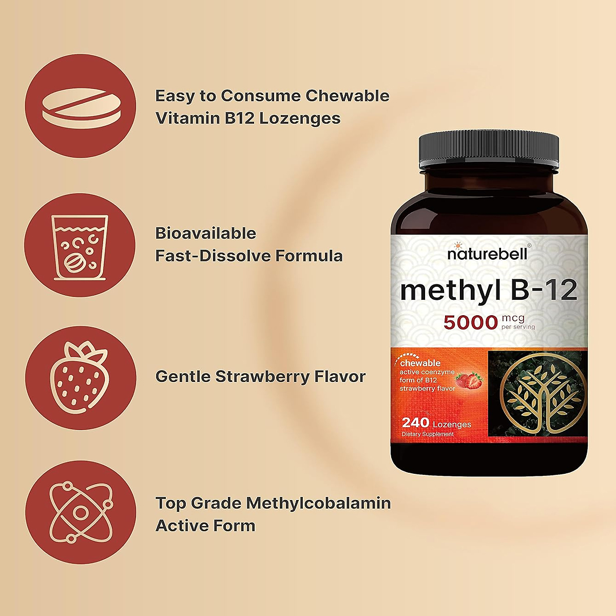 NatureBell Ultra Strength Methyl B12 lozenges, 240-count bottle, 5,000 mcg per lozenge