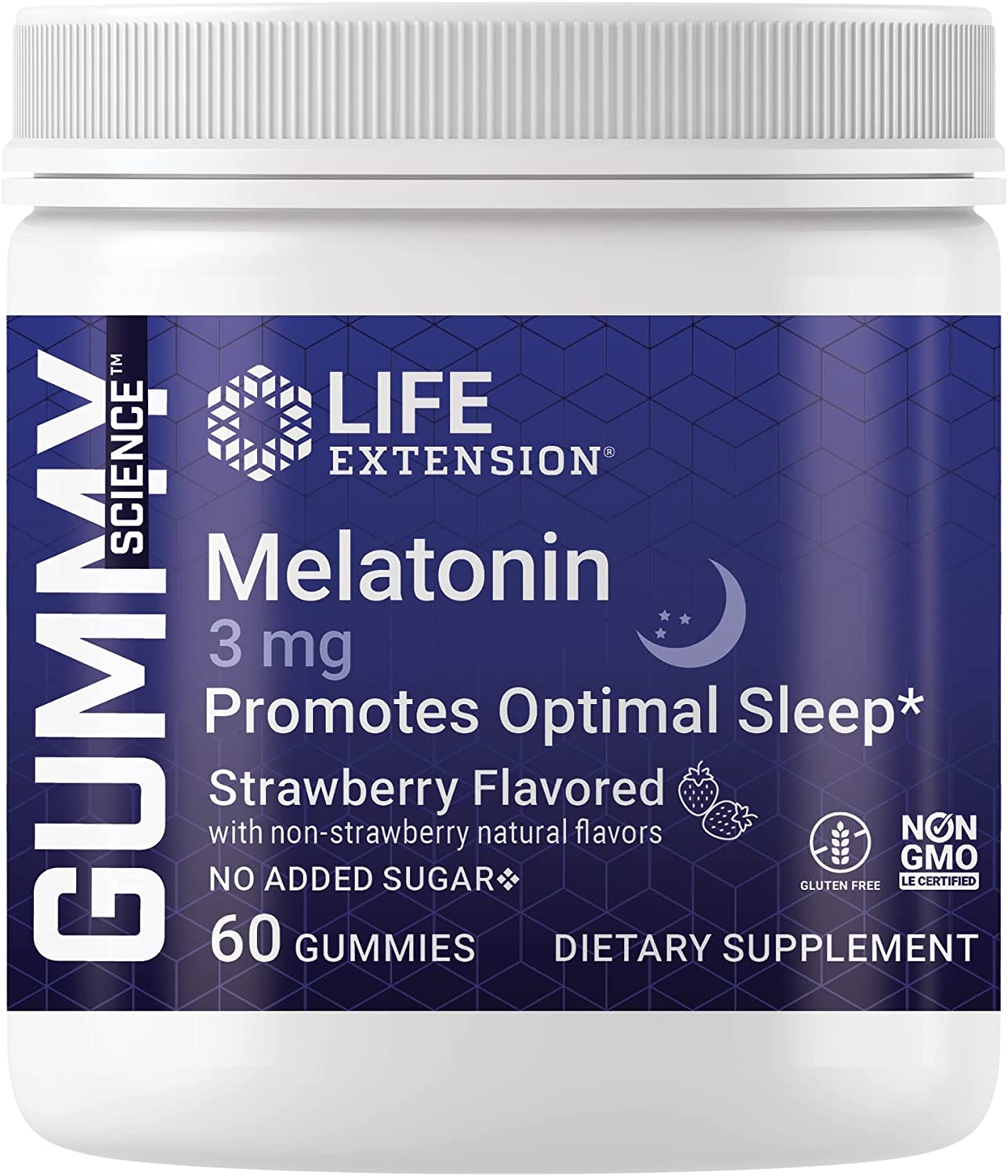 Life Extension Melatonin 3 mg Gummies, strawberry flavor, sugar-free, 60 count bottle