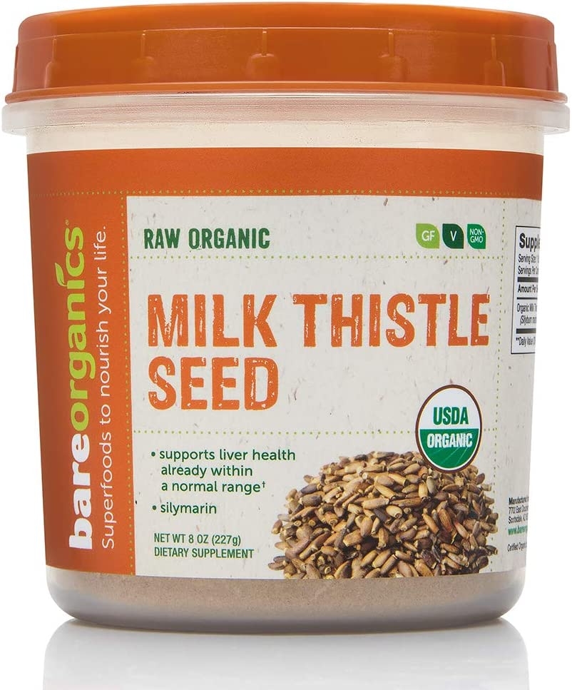 BareOrganics Milk Thistle Seed label reading Raw Organic, net weight 8 oz, with a Supplement Facts panel listing organic milk thistle seed